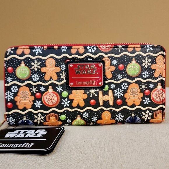Loungefly Disney Star Wars Holiday Gingerbread Cookie AOP Wallet Zip Around NEW - Picture 1 of 13